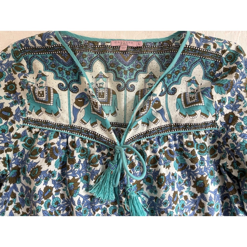 Calypso St. Barth Top. 100% Cotton. Elephant Block Print. Bohemian. Large. EXC